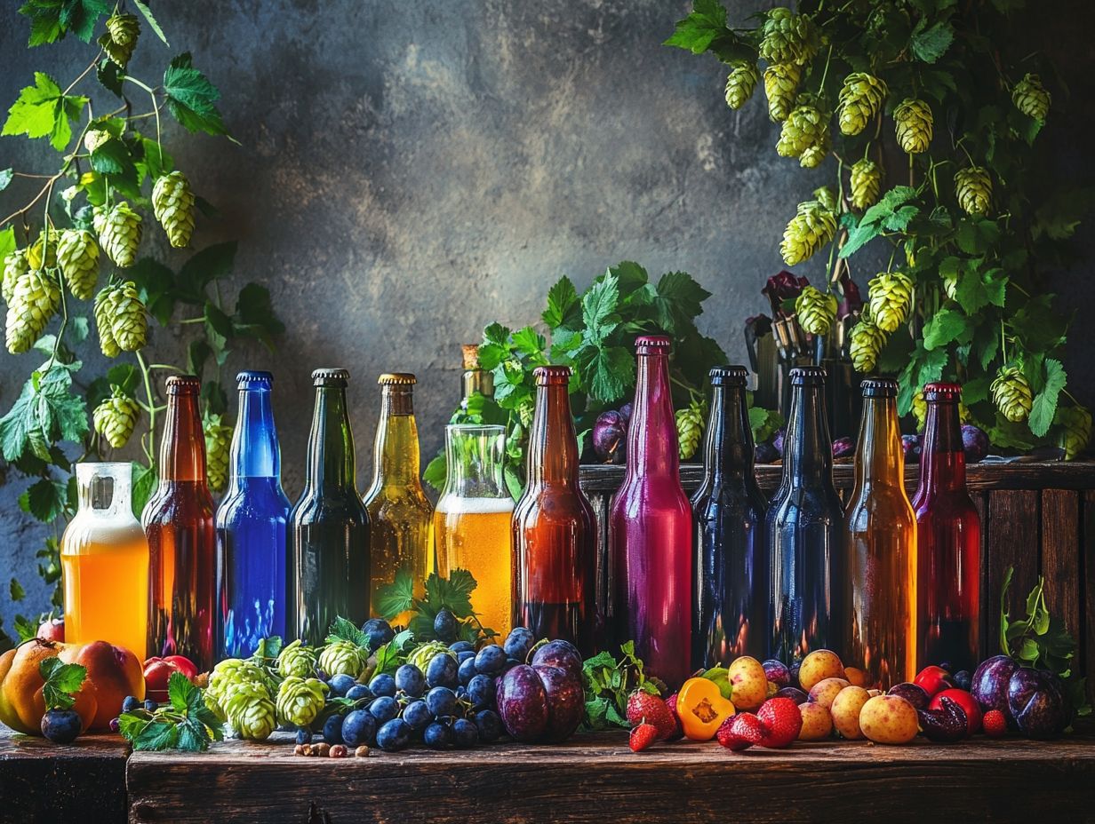 A variety of non-traditional beer flavors displayed in a creative brewing setup.