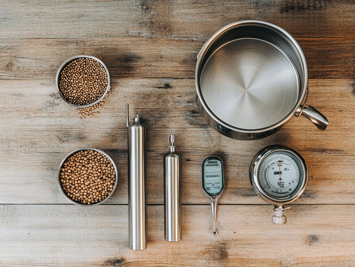 A collection of essential tools for home brewing success displayed together.