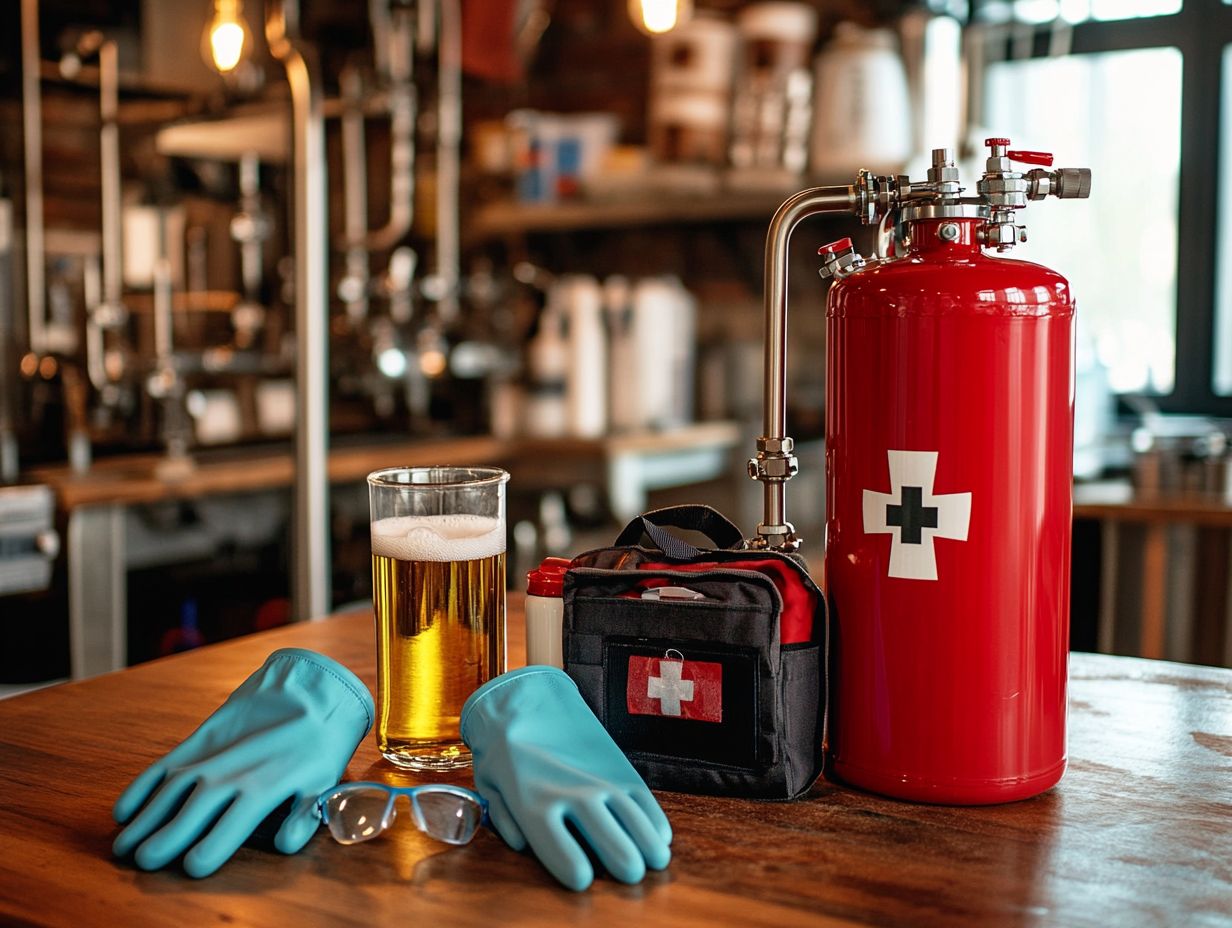 An array of essential safety equipment for home brewing including safety glasses, gloves, and a fire extinguisher.