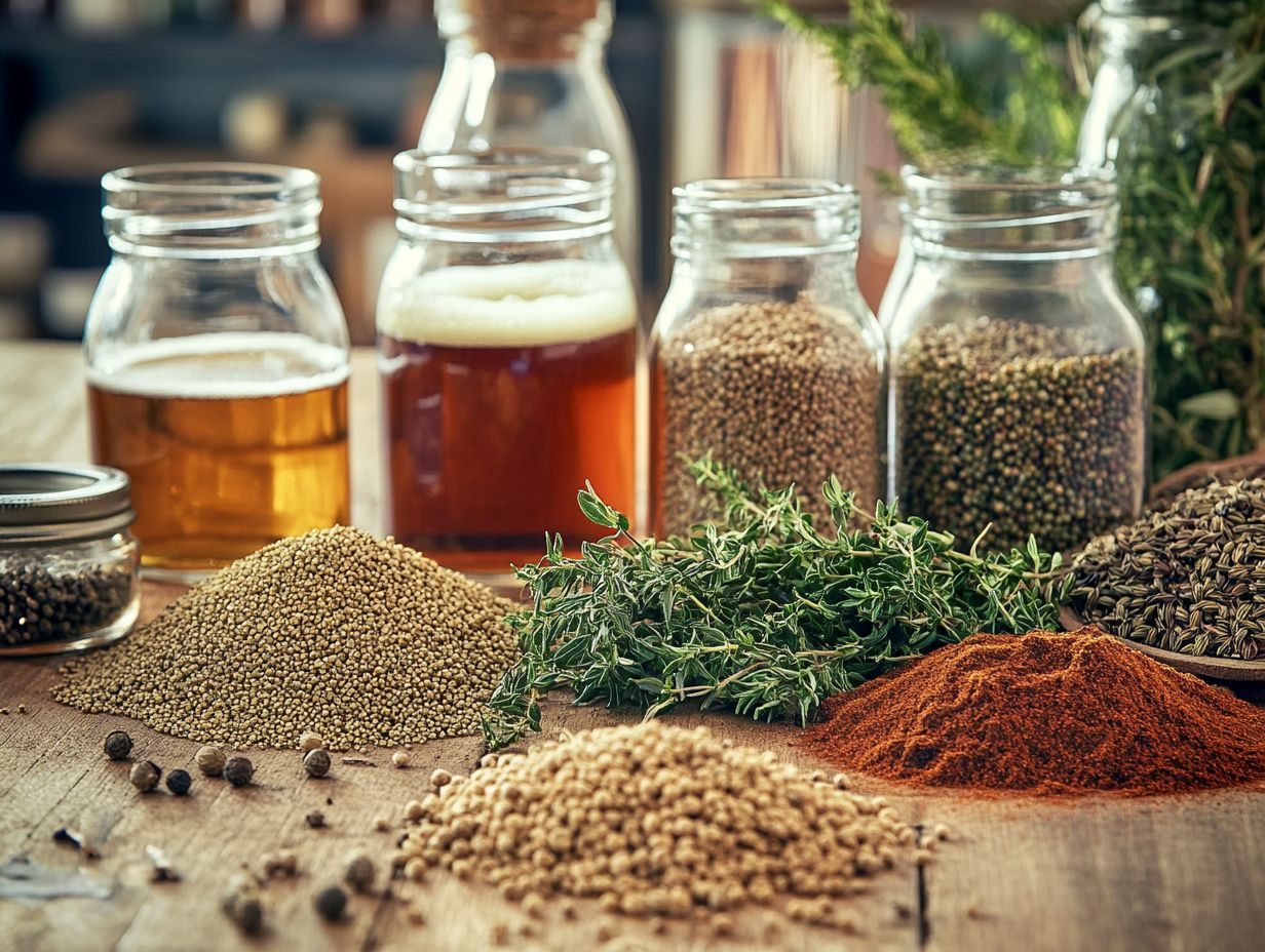 An array of spices and herbs used in brewing beer, showcasing their effects on flavor.