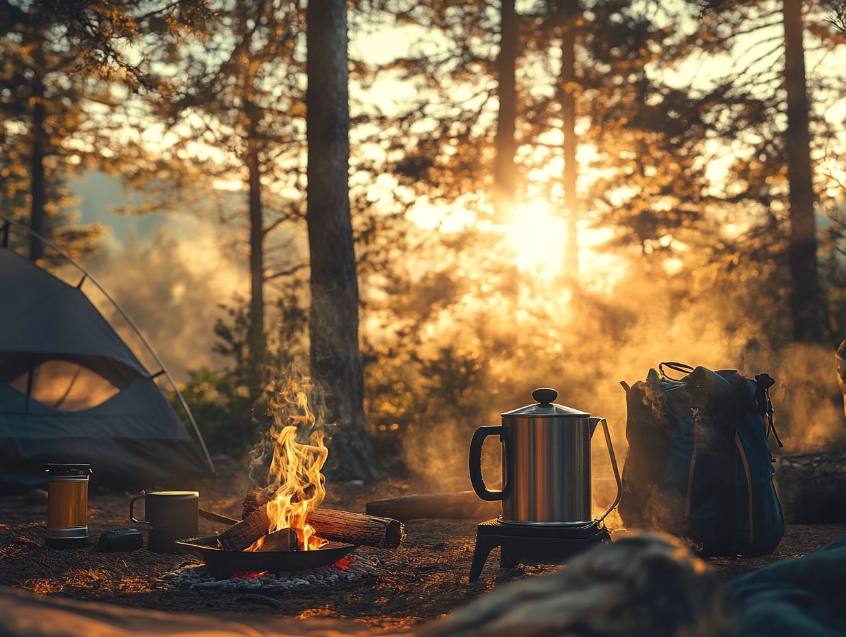 A scenic camping site with fresh coffee.