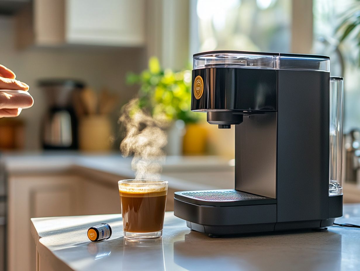 A person pressing the brew button on a single-serve coffee machine.