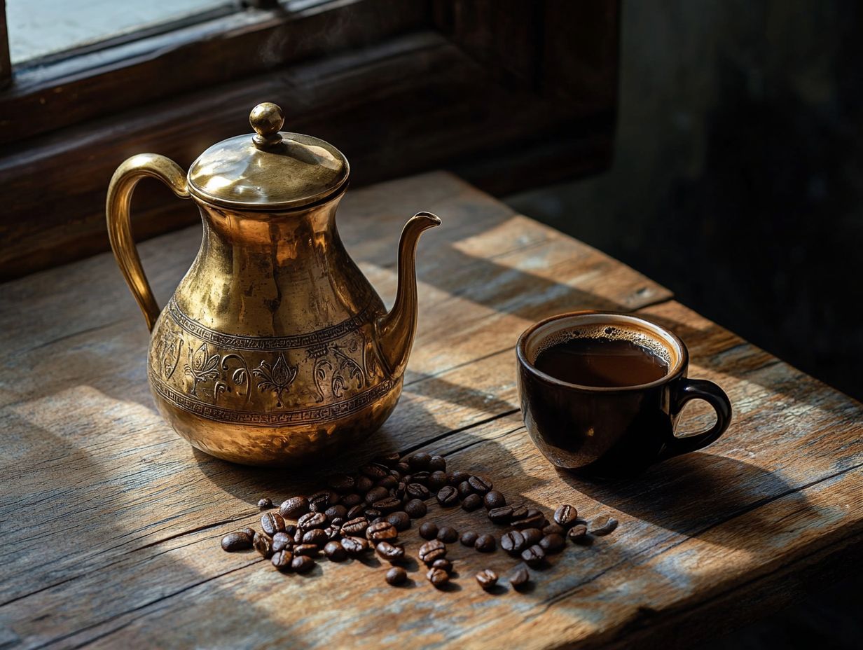 A traditional Turkish coffee pot with coffee brewing inside.