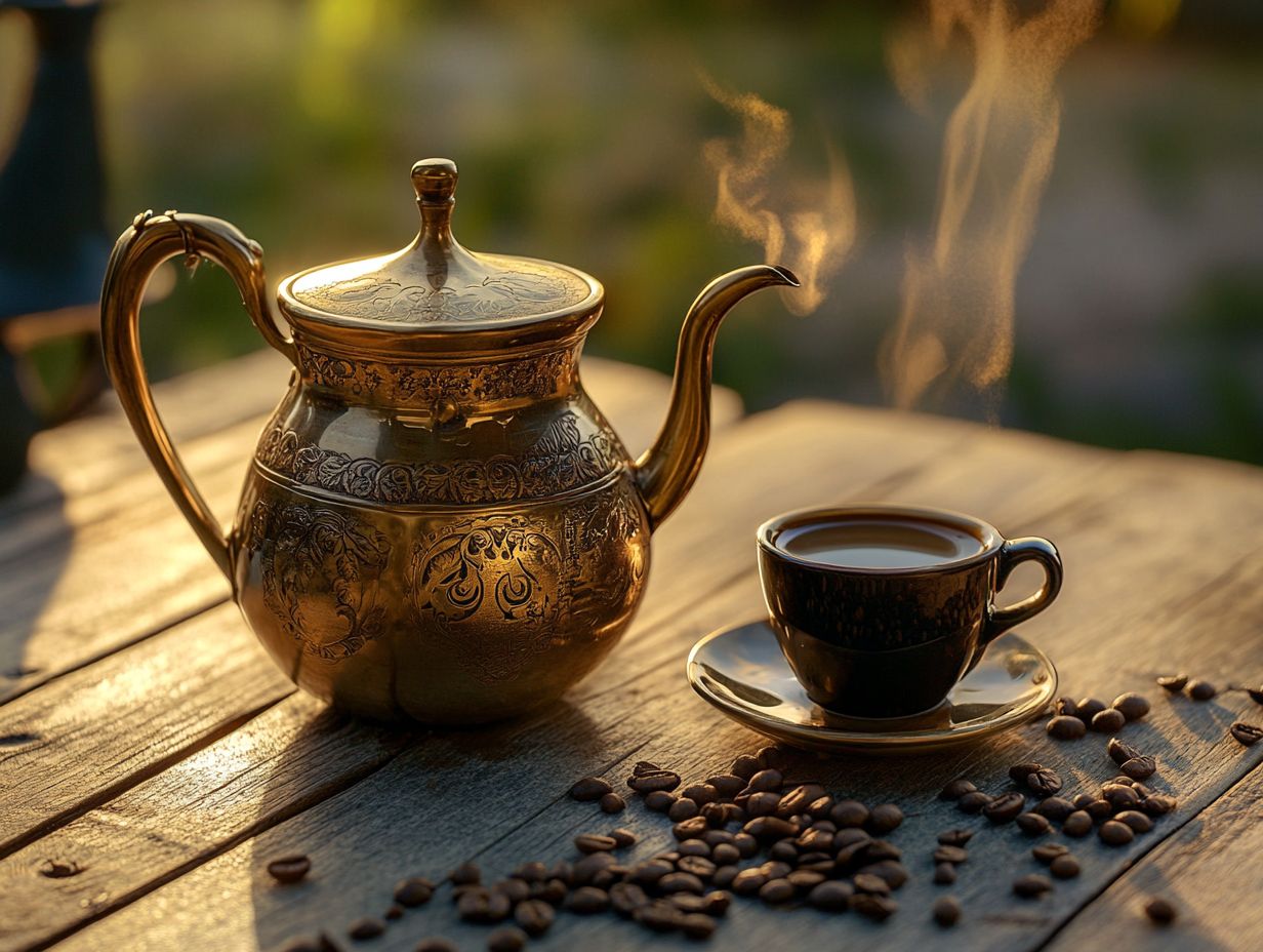 A beautifully brewed cup of Turkish coffee with traditional equipment