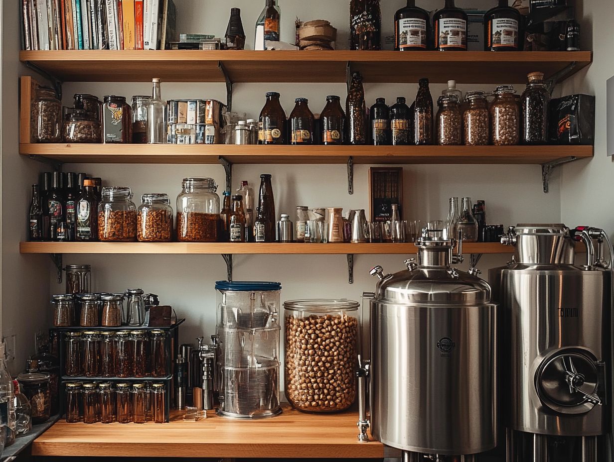 An organized home brewing space showcasing equipment and storage solutions.