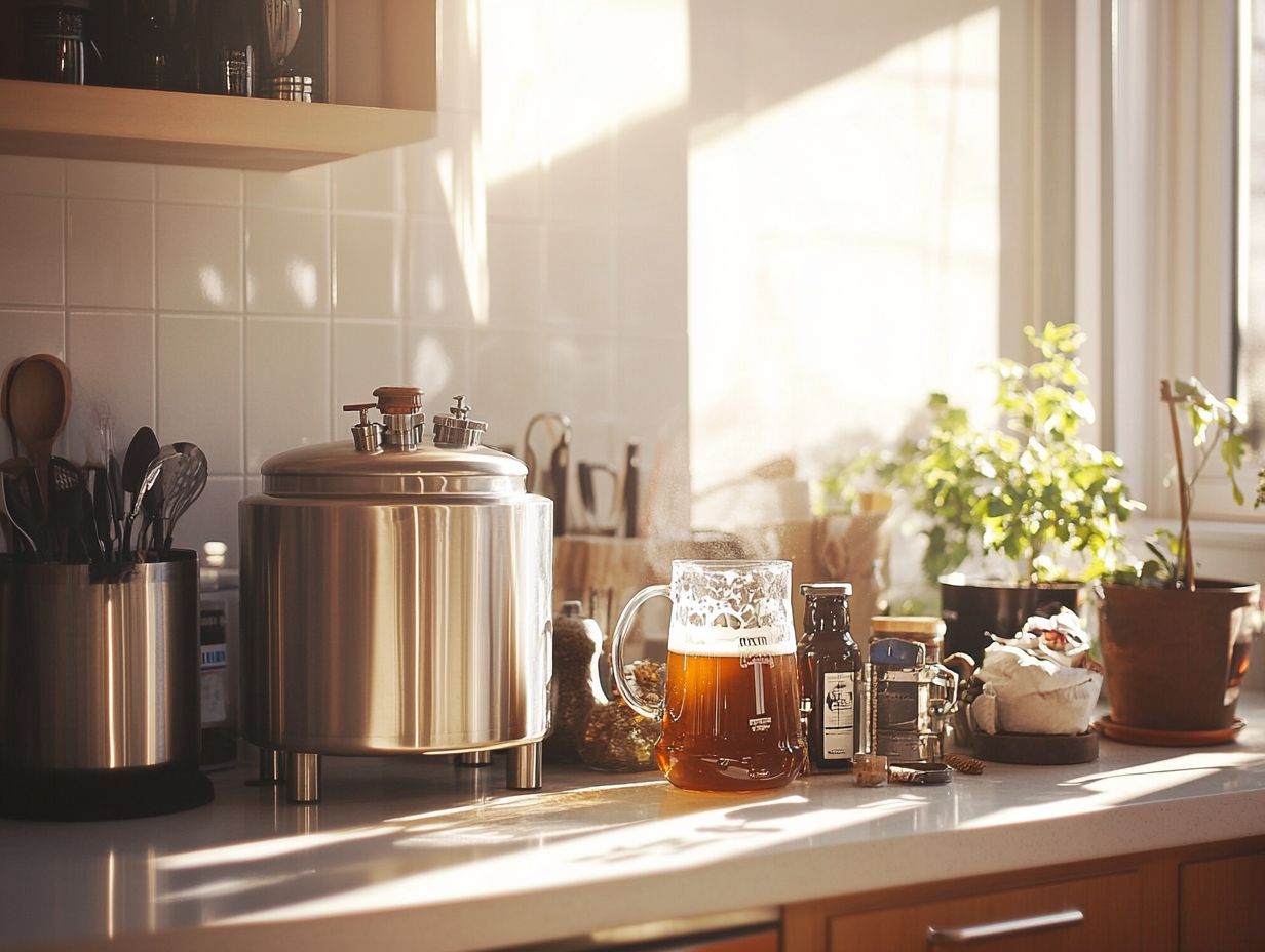 An array of home brewing equipment for small batch brewing.