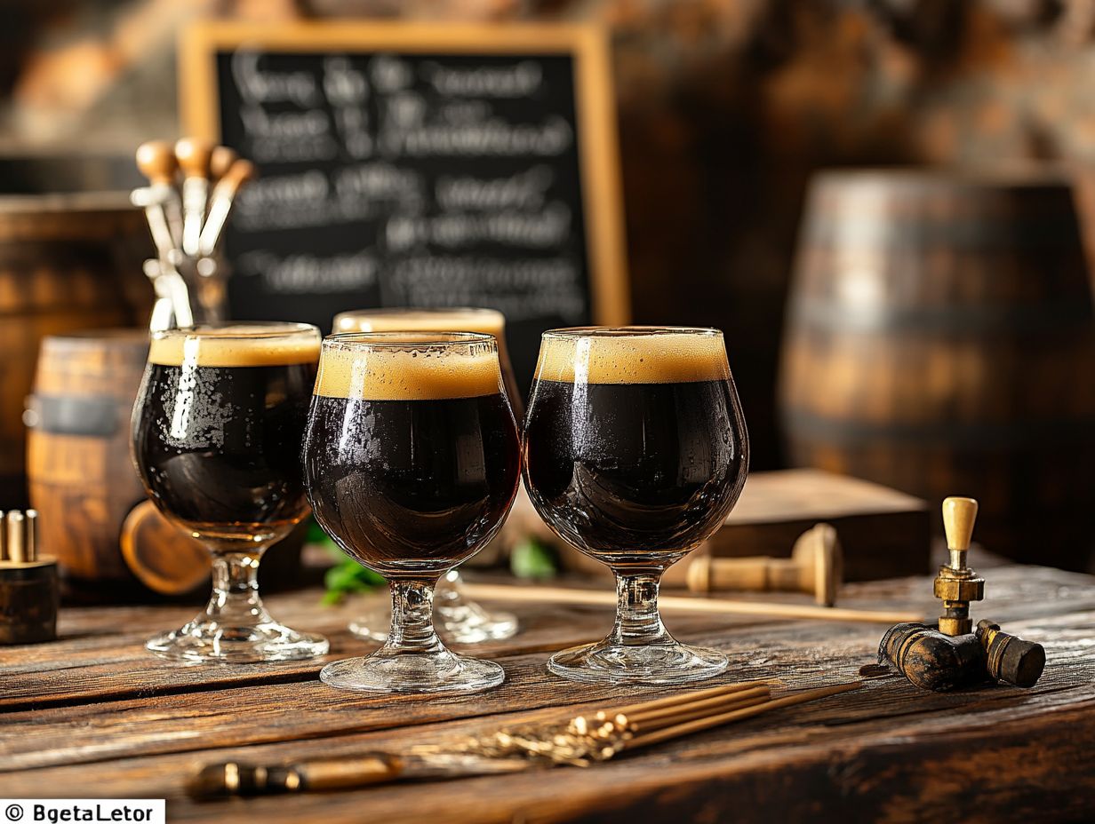 A variety of sweet stouts displayed in a bar setting
