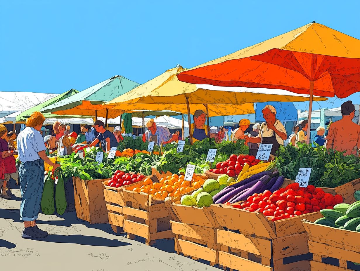 A variety of seasonal fruits and vegetables at a farmers market